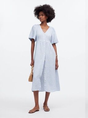 MADEWELL Cassie Linen Button Front Midi Dress Blue Stripe Coastal Grandma Size L